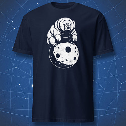 White tardigrade and moon graphic printed on a navy science-themed T-shirt.