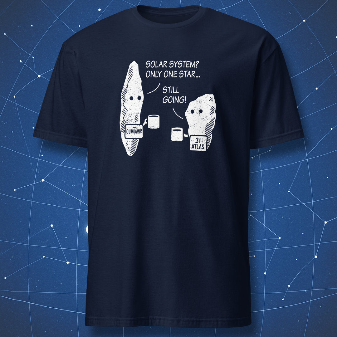 Navy T-shirt featuring ʻOumuamua and 3I/ATLAS cartoon characters joking about leaving the Solar System.