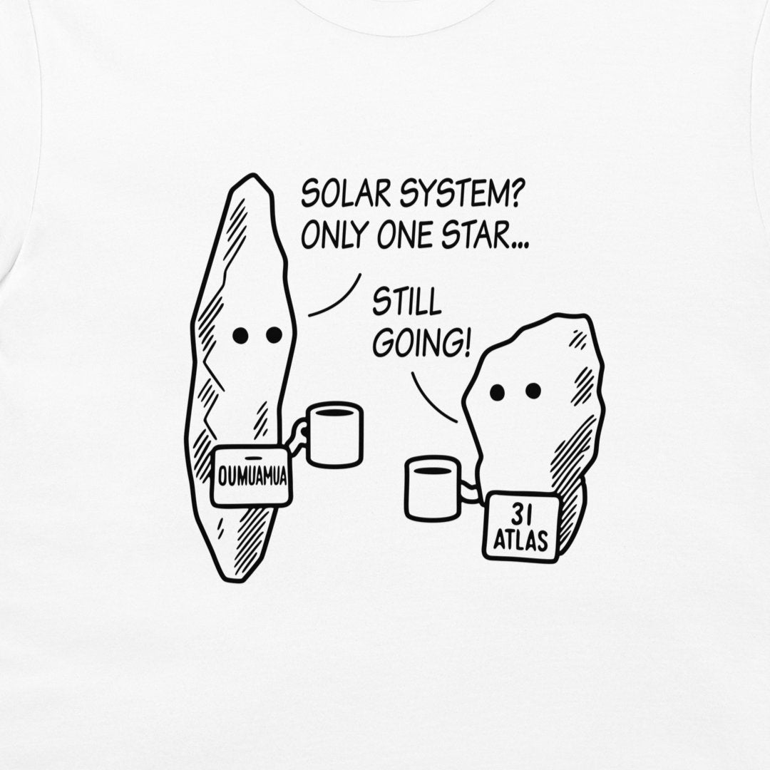 A white long-sleeve t-shirt featuring a black line-art graphic of two cartoon asteroids holding coffee mugs, with text reading 'SOLAR SYSTEM? ONLY ONE STAR.
