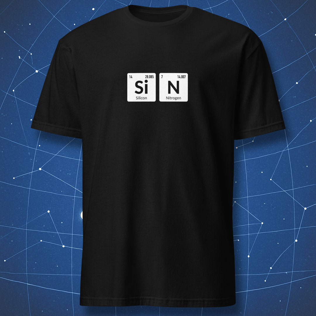 Black SiN T-shirt with Silicon and Nitrogen periodic table symbols.