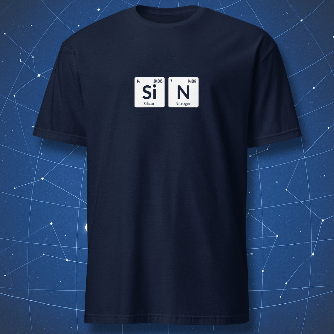 Navy SiN T-shirt showing Silicon (Si) and Nitrogen (N) as periodic element tiles.