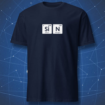 Navy SiN T-shirt showing Silicon (Si) and Nitrogen (N) as periodic element tiles.