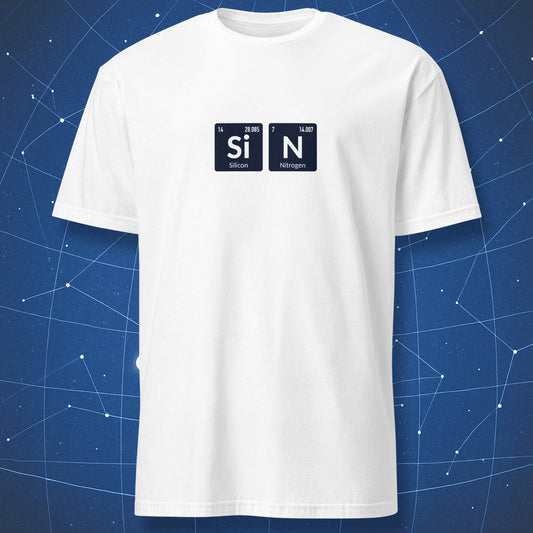 White SiN T-shirt featuring Silicon and Nitrogen elements forming the word “SiN.”