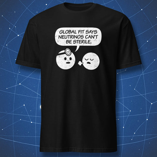Sterile neutrino particle physics joke T-shirt in black with cartoon neutrino design