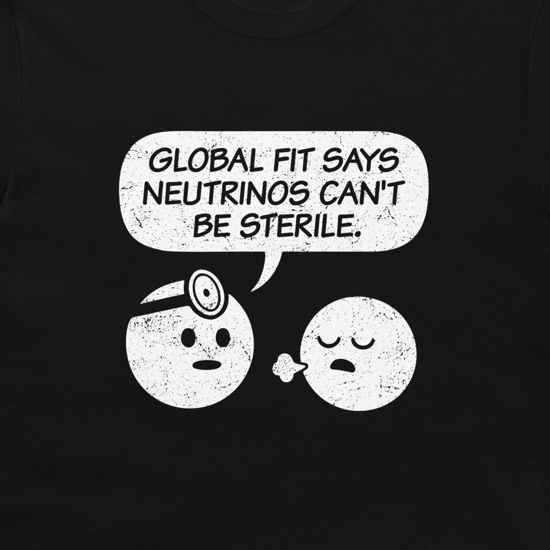 A close-up of a black t-shirt, featuring a distressed white graphic print. The print shows a speech bubble reading 'GLOBAL FIT SAYS NEUTRINOS CAN'T BE STERILE.