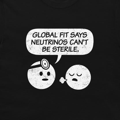 A close-up of a black t-shirt, featuring a distressed white graphic print. The print shows a speech bubble reading 'GLOBAL FIT SAYS NEUTRINOS CAN'T BE STERILE.