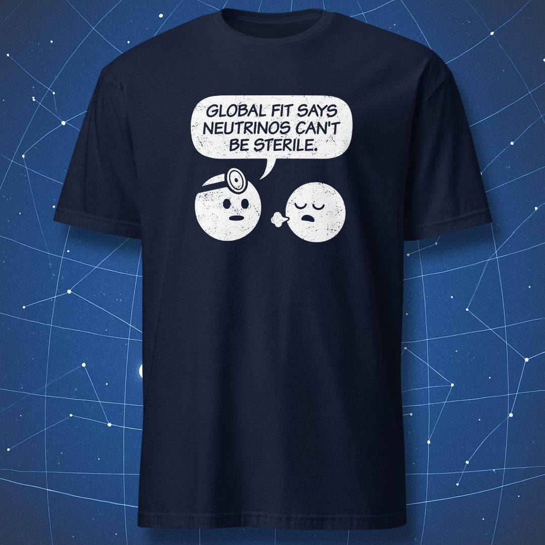 Sterile neutrino science humor T-shirt in navy blue with physics joke graphic