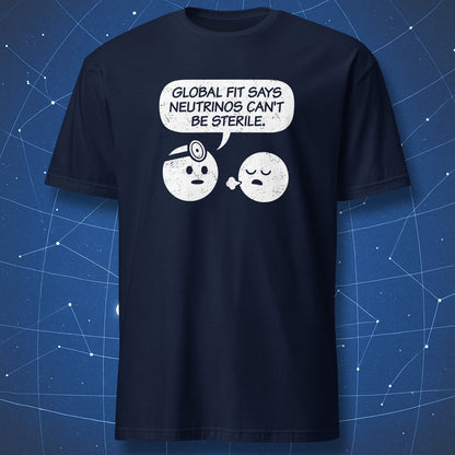Sterile neutrino science humor T-shirt in navy blue with physics joke graphic