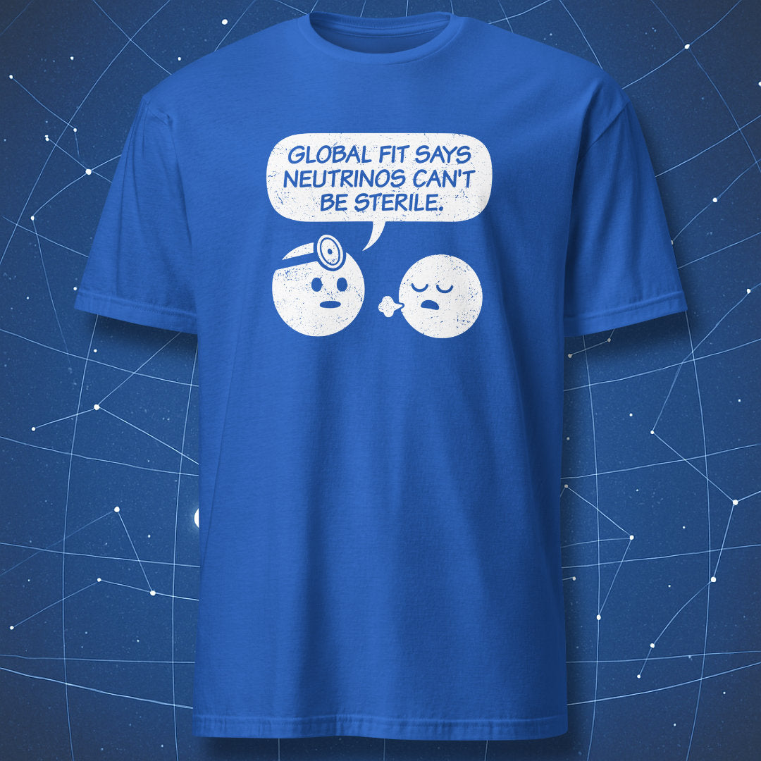 Sterile neutrino physics joke T-shirt in blue featuring cartoon neutrinos