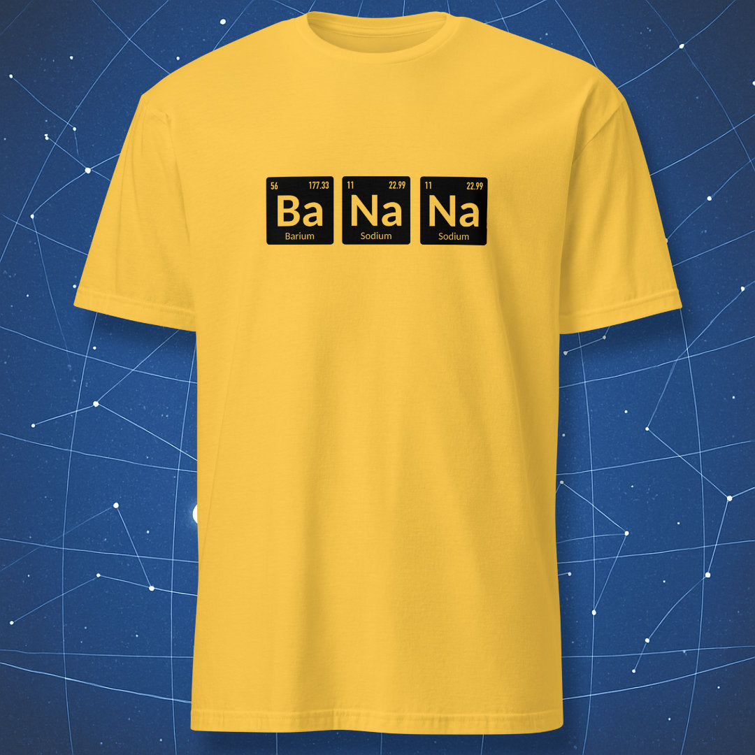BaNaNa chemistry pun t-shirt with periodic table elements on yellow shirt