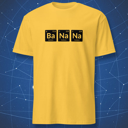 BaNaNa chemistry pun t-shirt with periodic table elements on yellow shirt
