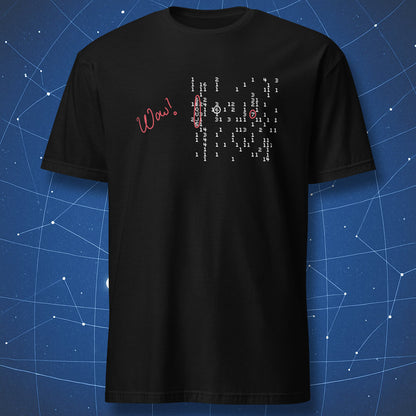 Black T‑shirt featuring the Wow! Signal data matrix and circled 6EQUJ5 with red “Wow!” note, evoking the 1977 SETI discovery.
