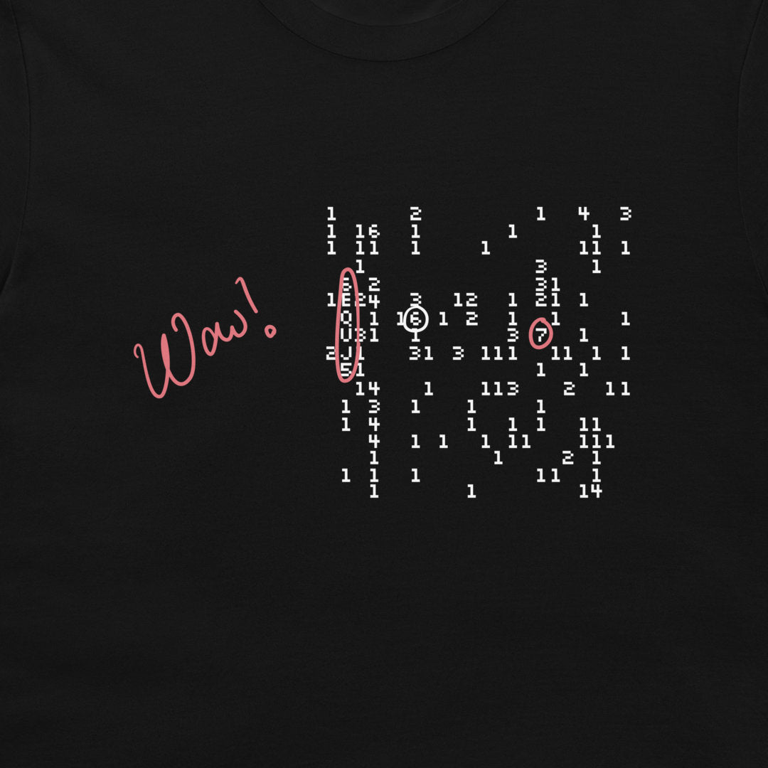 A close-up of a black t-shirt featuring a graphic design. The design includes the word 'Wow!' in a pink cursive font on the left, and a white binary code pattern on the right with red circular accents.