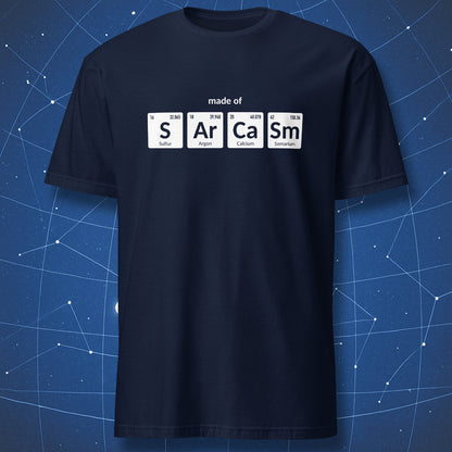Made of Sarcasm chemistry humor t-shirt in navy blue