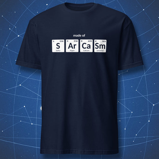 Made of Sarcasm chemistry humor t-shirt in navy blue