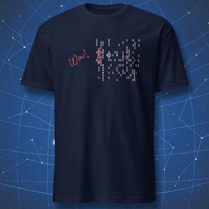 Navy blue tee printed with the 1977 Wow! Signal column of numbers, arrows, and hand‑written “Wow!” annotation in red.