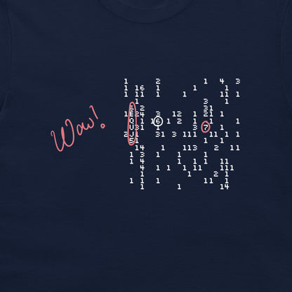 A close-up of a navy blue t-shirt featuring a graphic print. The design includes the word 'Wow!' in a coral-pink cursive font on the left, and a white binary code matrix on the right with two red circles highlighting the numbers 0 and 1.