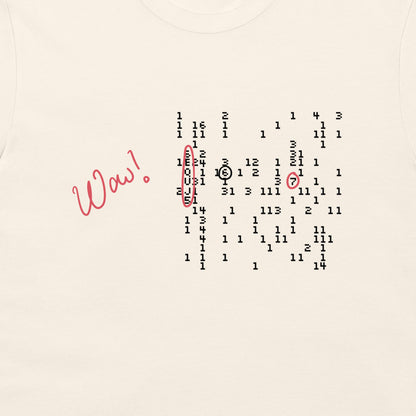 A close-up of a light beige or off-white fabric surface featuring a printed design. The design includes a pink cursive 'Waw!' on the left, a black number grid in the center, and a hand-drawn red pencil circle highlighting the number 16 in the grid.