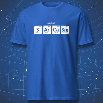 Made of Sarcasm science joke t-shirt in royal blue