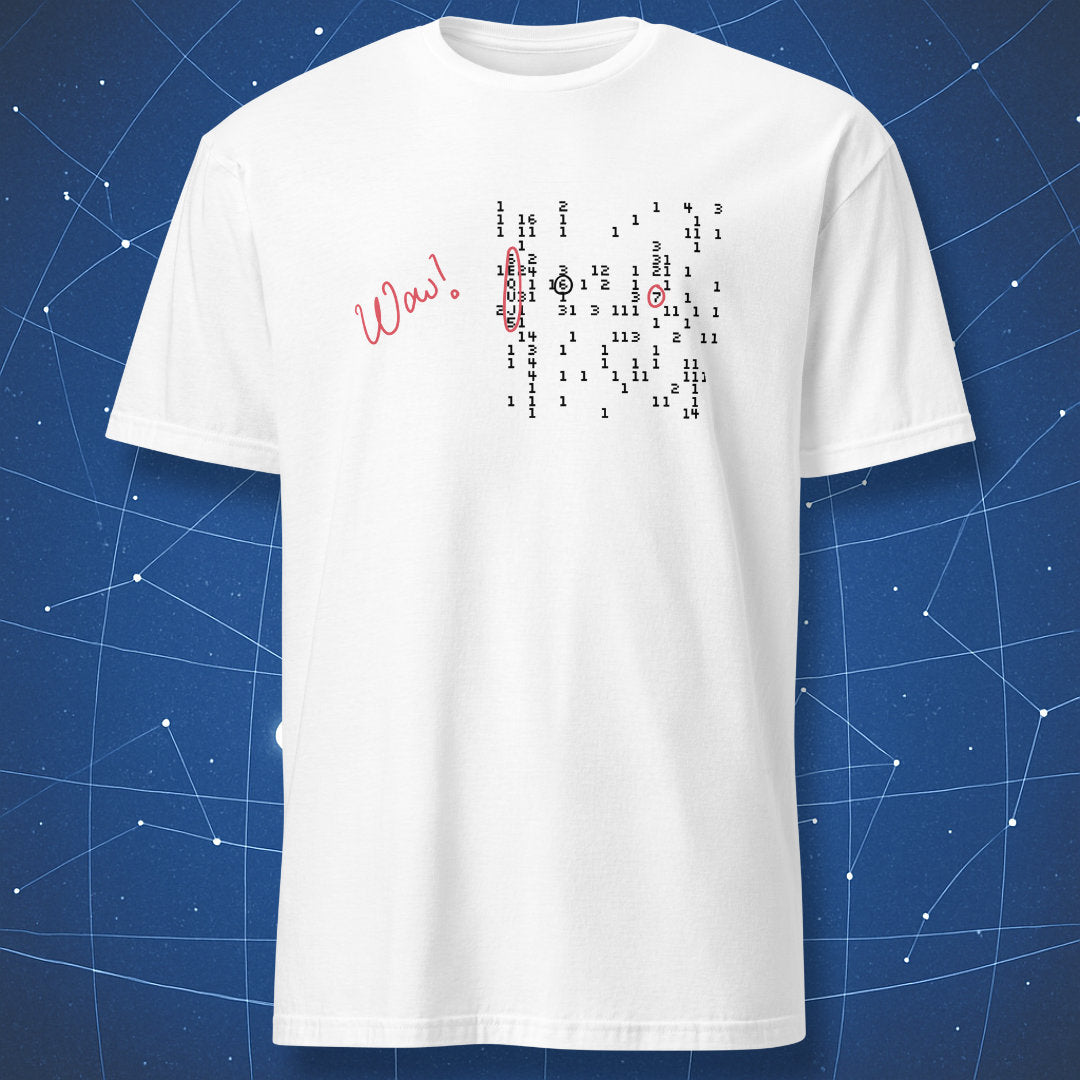 White Wow! Signal T‑shirt with black data print and red “Wow!” scribble referencing the mysterious alien radio signal detected in 1977.