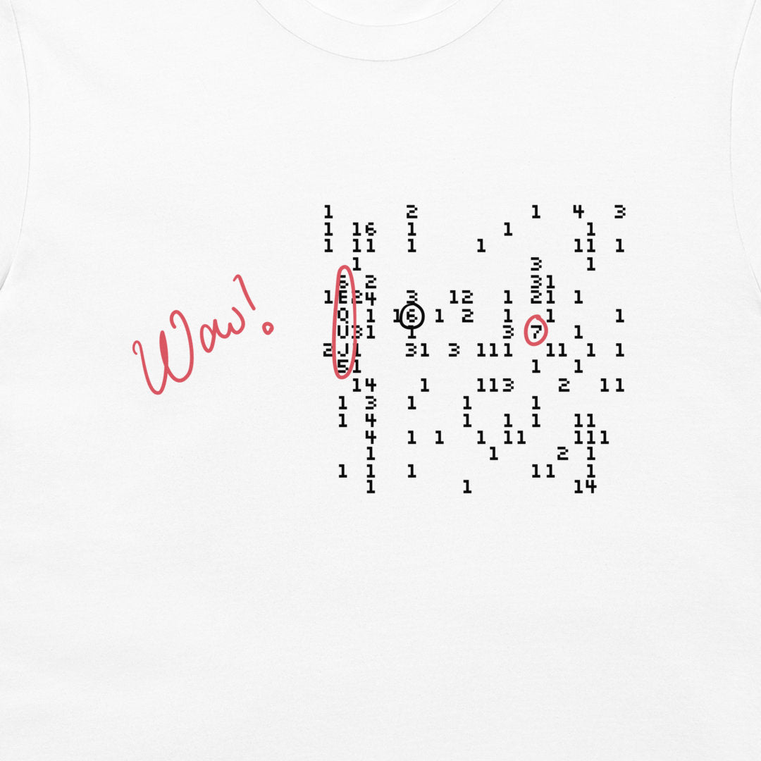 A white t-shirt featuring a graphic design on the front. The design includes a black digital binary code matrix with a red hand-drawn circle highlighting the number 16, and the word 'Wow!' written in red cursive script on the left.