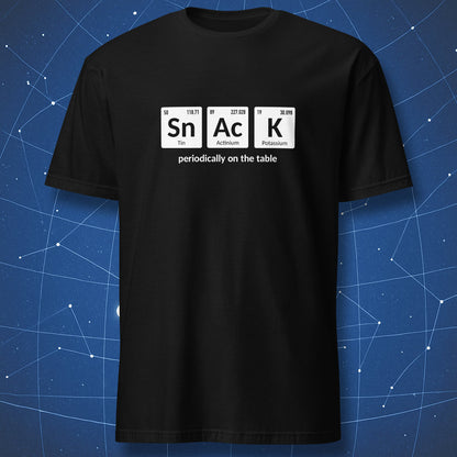 Black science T-shirt showing a minimalist periodic table joke spelling “Snack”.