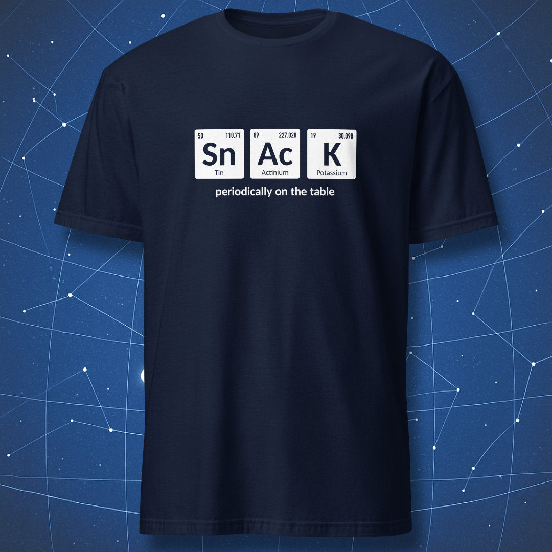 Navy blue T-shirt with a periodic table design spelling “Snack” using Sn, Ac and K chemistry elements.