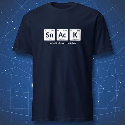 Navy blue T-shirt with a periodic table design spelling “Snack” using Sn, Ac and K chemistry elements.