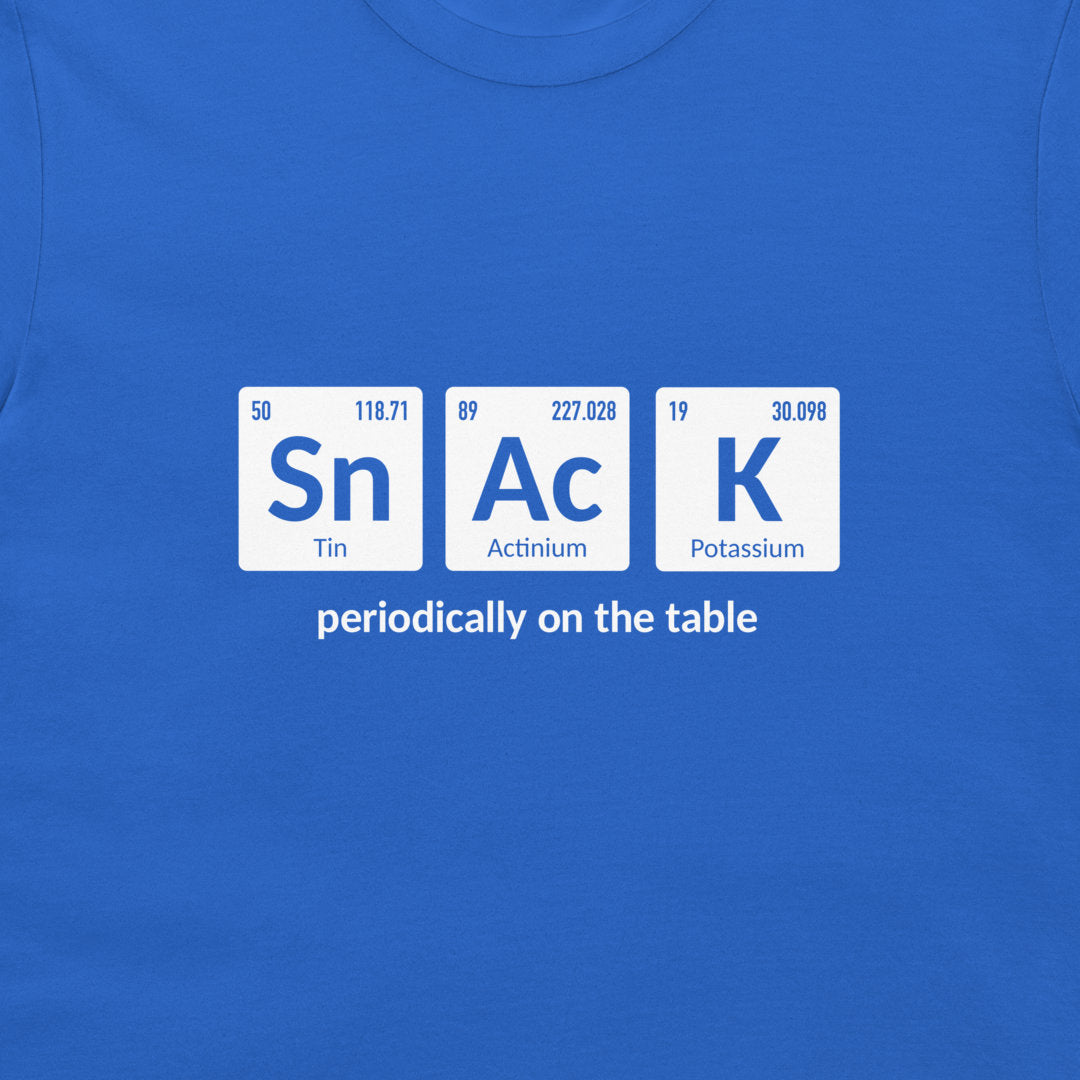 A close-up of a royal blue t-shirt featuring a graphic of three periodic table style tiles spelling out 'Sn Ac K' with the phrase 'periodically on the table' printed below in white.