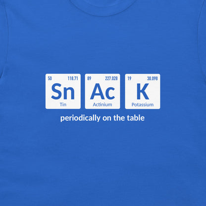 A close-up of a royal blue t-shirt featuring a graphic of three periodic table style tiles spelling out 'Sn Ac K' with the phrase 'periodically on the table' printed below in white.