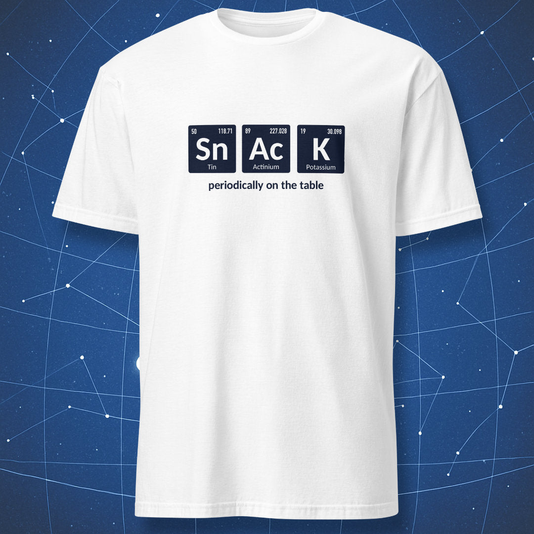 White chemistry humor T-shirt with periodic table elements forming the word “Snack”.
