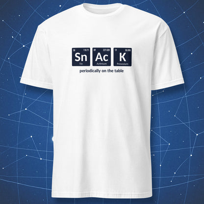 White chemistry humor T-shirt with periodic table elements forming the word “Snack”.