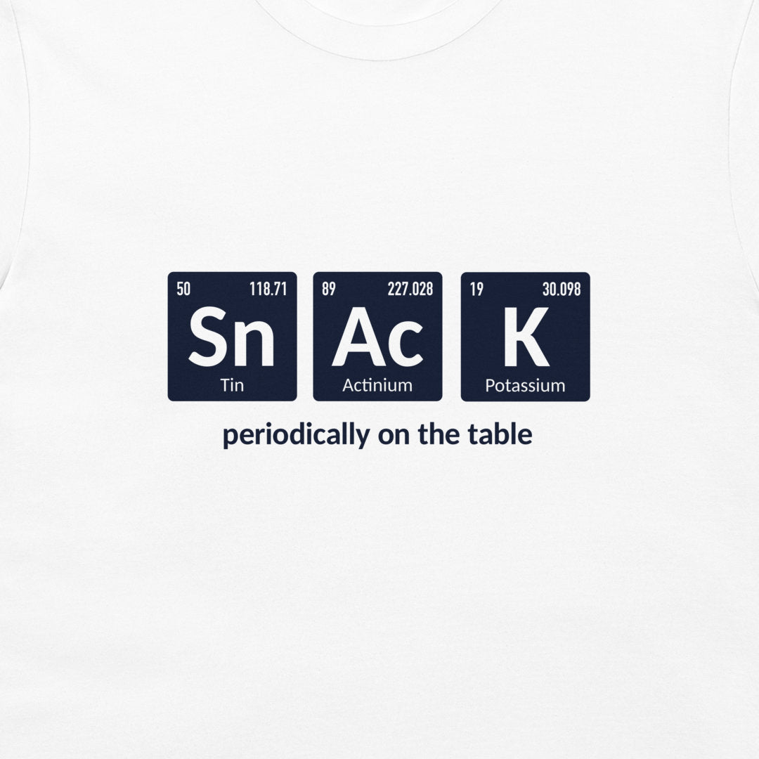 White crewneck t-shirt featuring a graphic of three periodic table style tiles spelling out 'Sn Ac K' with the text 'periodically on the table' underneath.