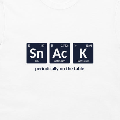 White crewneck t-shirt featuring a graphic of three periodic table style tiles spelling out 'Sn Ac K' with the text 'periodically on the table' underneath.