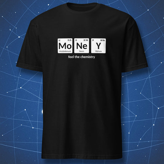 Black chemistry T-shirt with periodic table elements spelling “Money” and the text “feel the chemistry”.