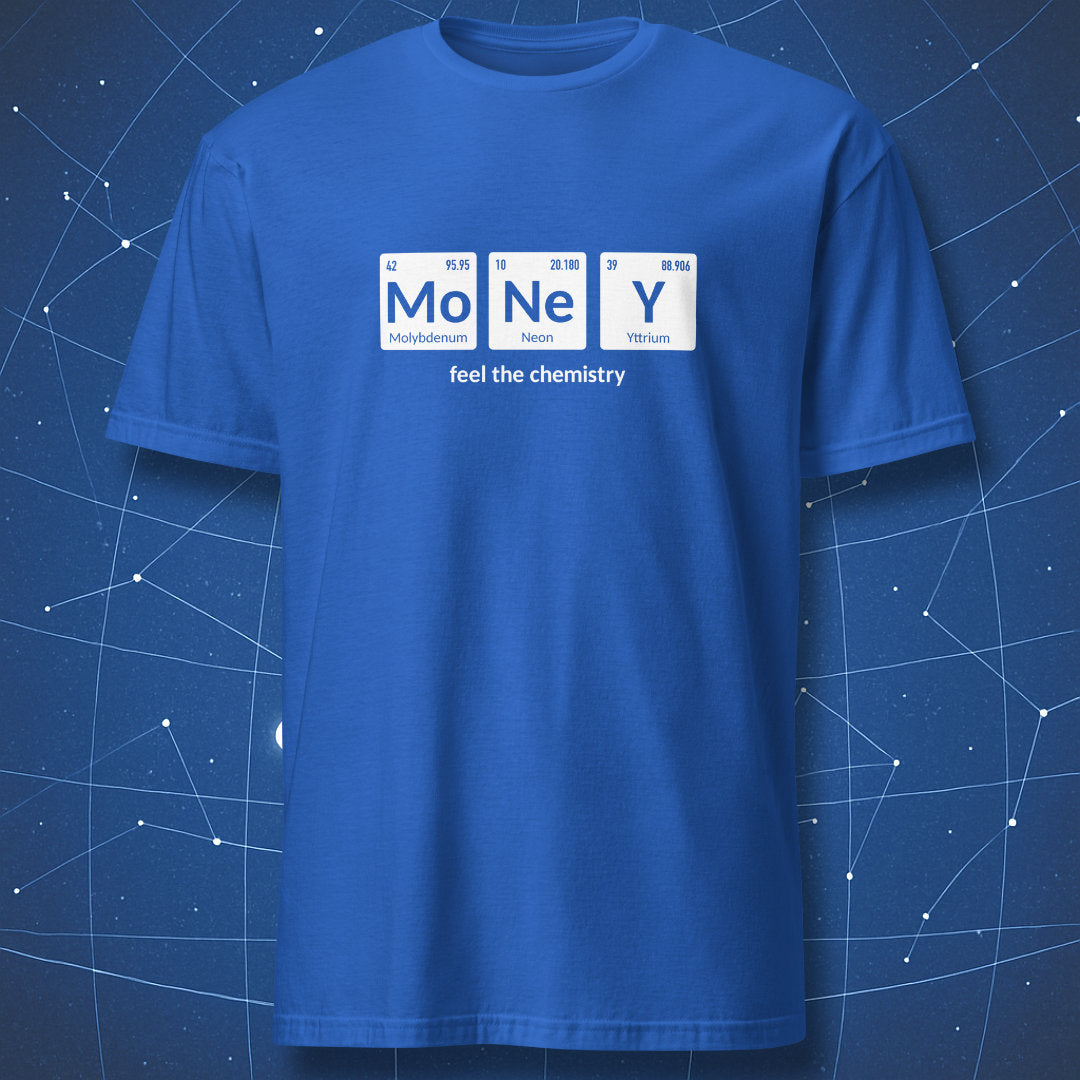 Royal blue chemistry T-shirt spelling “Money” using real periodic table elements.