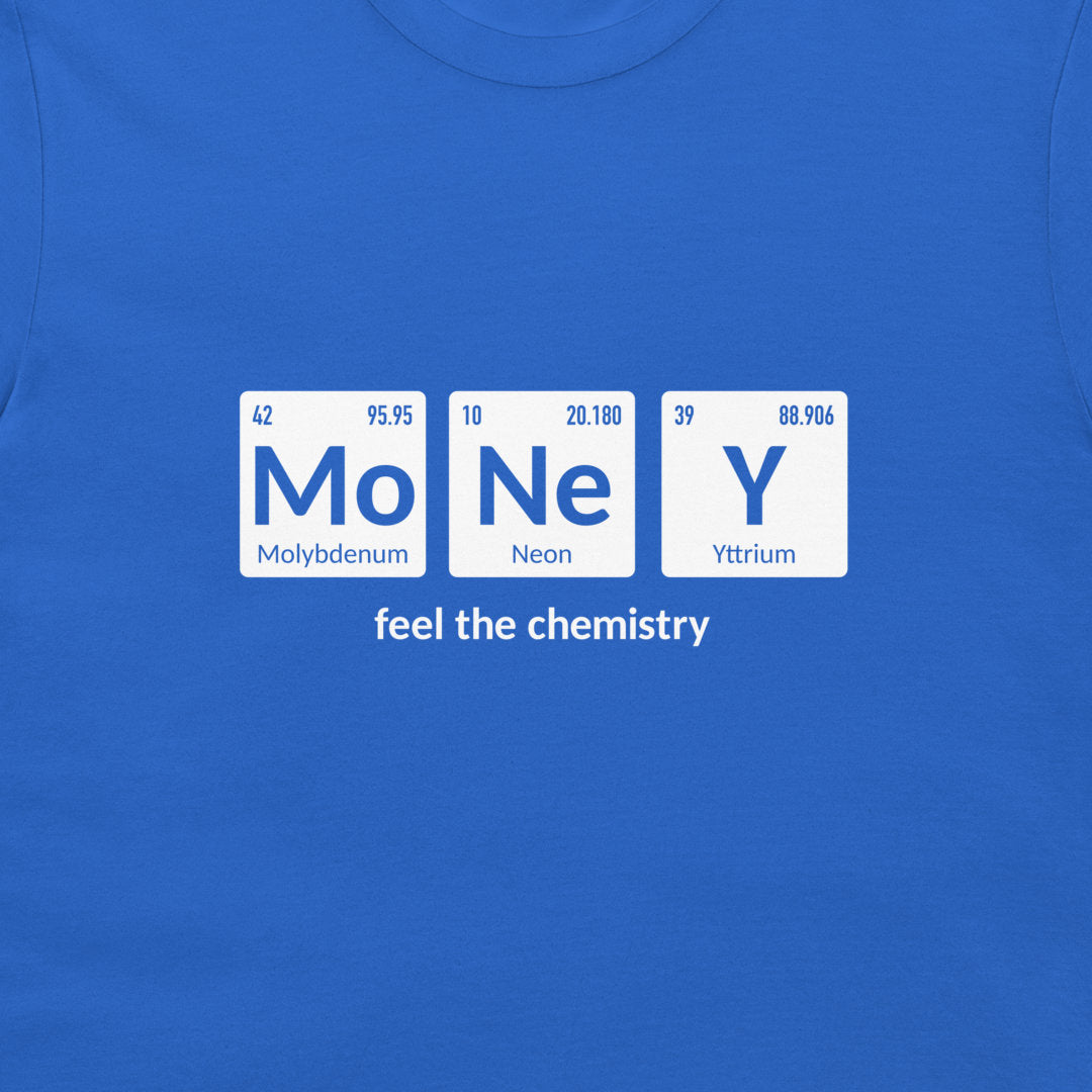 A close-up of a blue crewneck t-shirt featuring a graphic print of three periodic table style tiles spelling 'MONEY' with the text 'feel the chemistry' underneath.