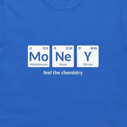 A close-up of a blue crewneck t-shirt featuring a graphic print of three periodic table style tiles spelling 'MONEY' with the text 'feel the chemistry' underneath.
