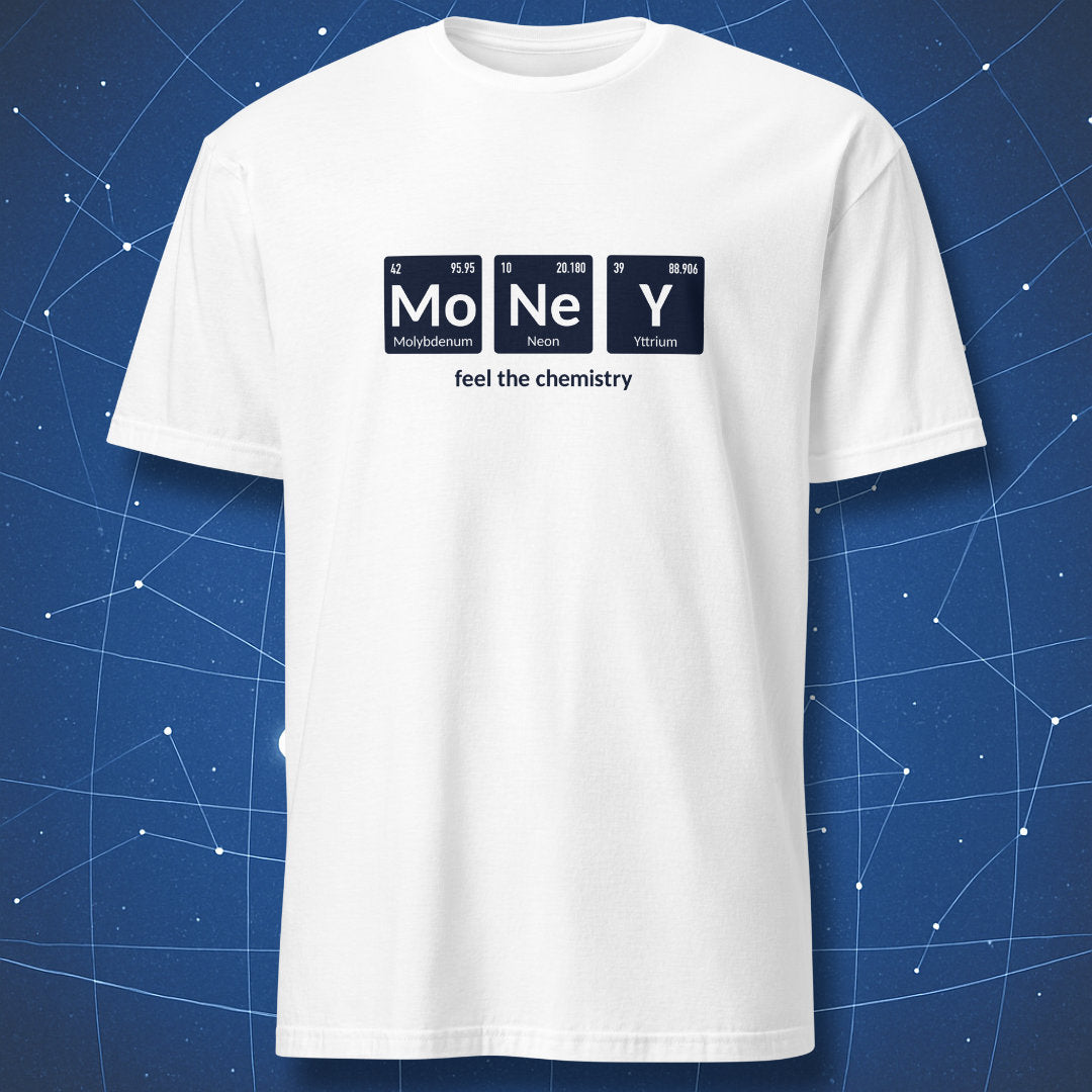 White periodic table T-shirt with Mo Ne Y chemistry pun and minimal typography.