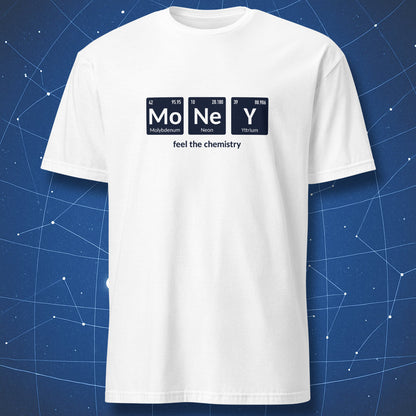 White periodic table T-shirt with Mo Ne Y chemistry pun and minimal typography.