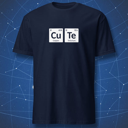 Navy blue t‑shirt with a minimalist “CuTe” design, featuring periodic table tiles for copper and tellurium.