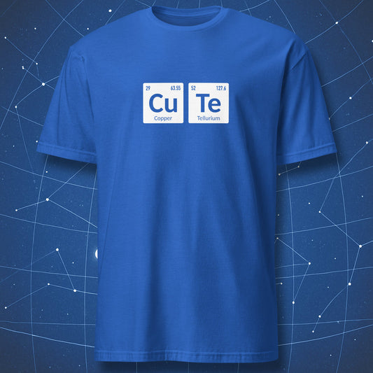 Royal blue t‑shirt showing the “CuTe” chemistry pun made from the copper (Cu) and tellurium (Te) element squares.