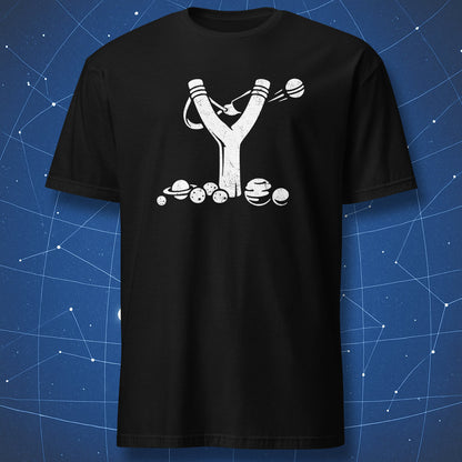 Black space physics T-shirt with minimalist gravitational slingshot illustration.