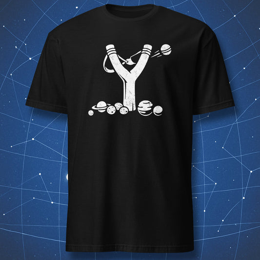 Black space physics T-shirt with minimalist gravitational slingshot illustration.