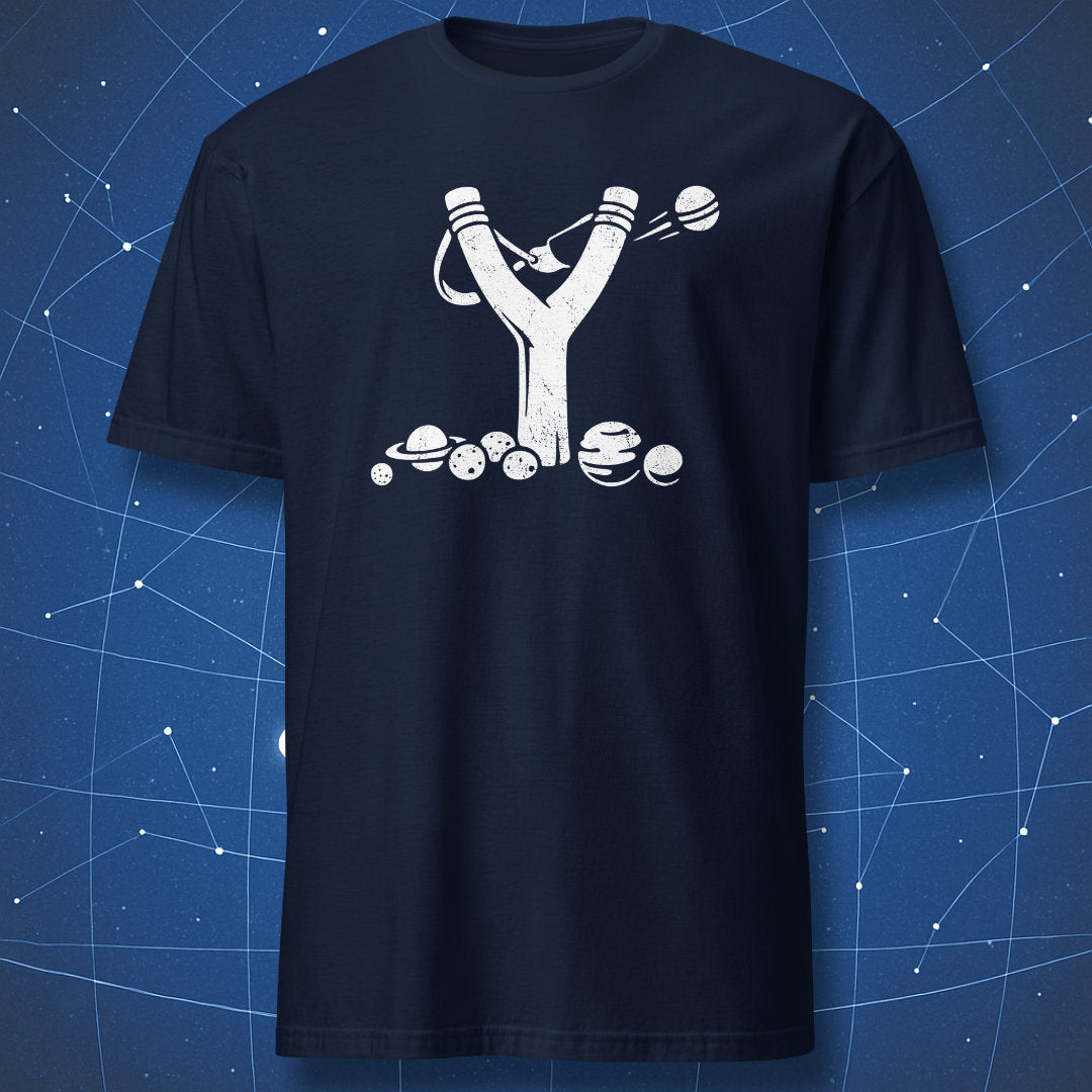 Navy blue astronomy T-shirt featuring a gravitational slingshot space maneuver design.