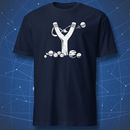 Navy blue astronomy T-shirt featuring a gravitational slingshot space maneuver design.