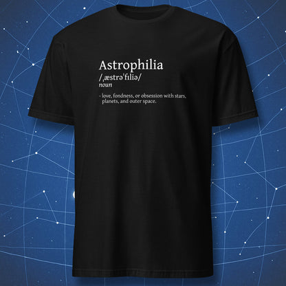 Black t-shirt with 'Astrophilia' definition text on a starry background