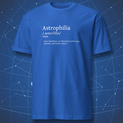 Blue t-shirt with 'Astrophilia' definition text on a starry background