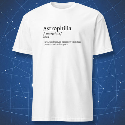 White t-shirt with 'Astrophilia' definition on a starry background