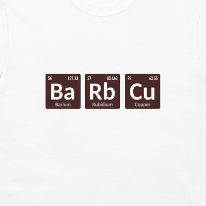 A white crewneck t-shirt featuring a graphic print of three periodic table style tiles spelling out 'Ba Rb Cu' in white text on dark brown squares.